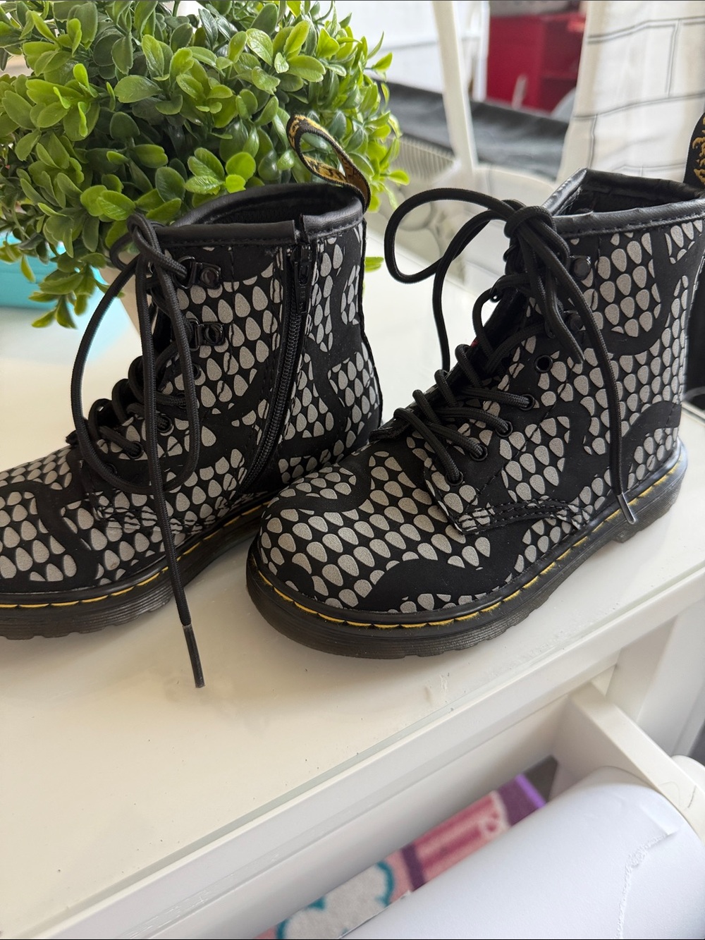 Dr. Martens Kids Black and White Teardrop Lace-Up Boots